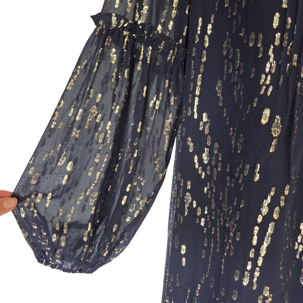 Lilly Pulitzer Cleme Long Sleeve Silk Dress Size 12 Navy Blue Metallic V Neck - Picture 6 of 10